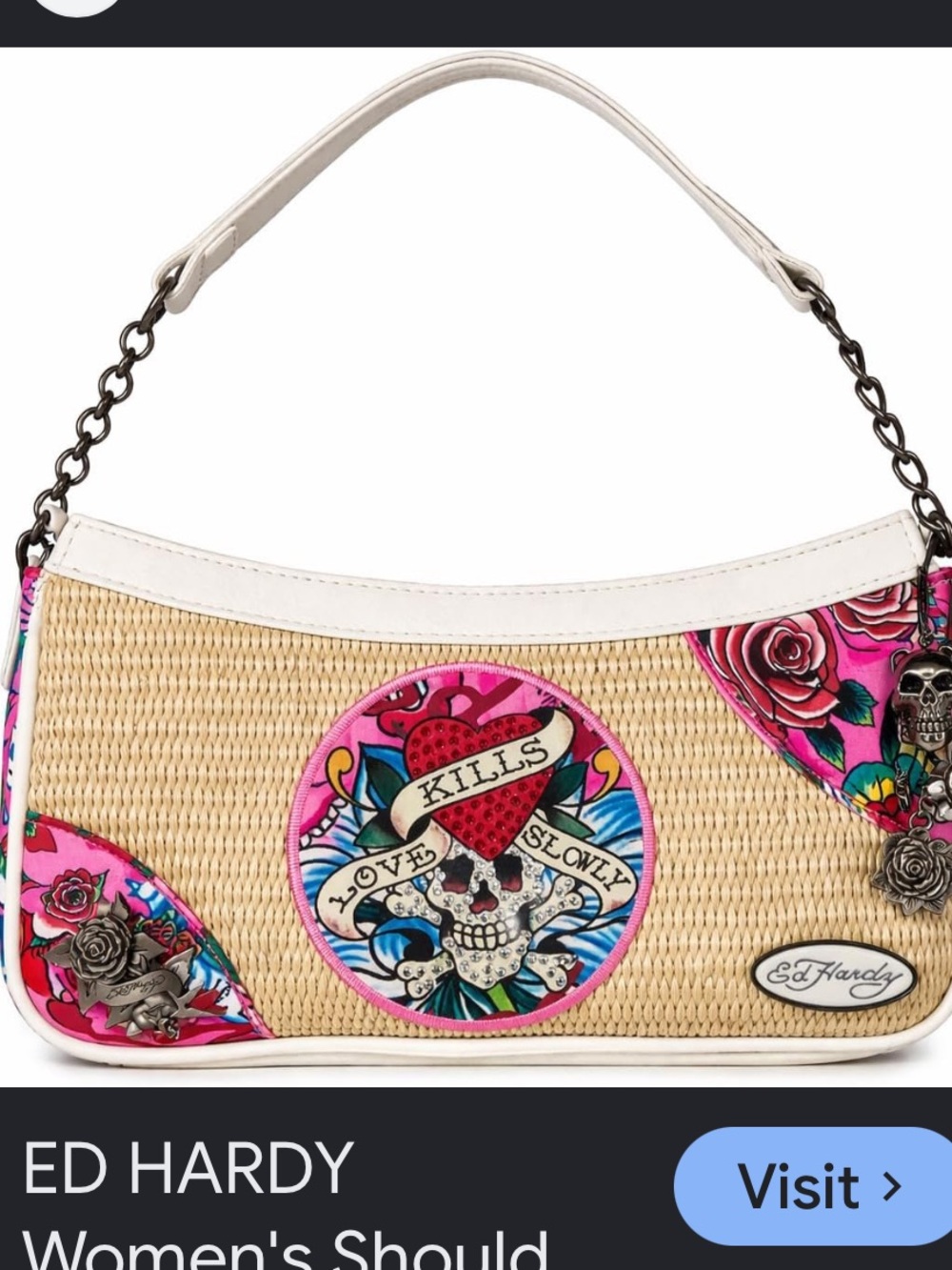 Ed Hardy Pink & Natural Straw Tattoo-Print Shoulder Bag